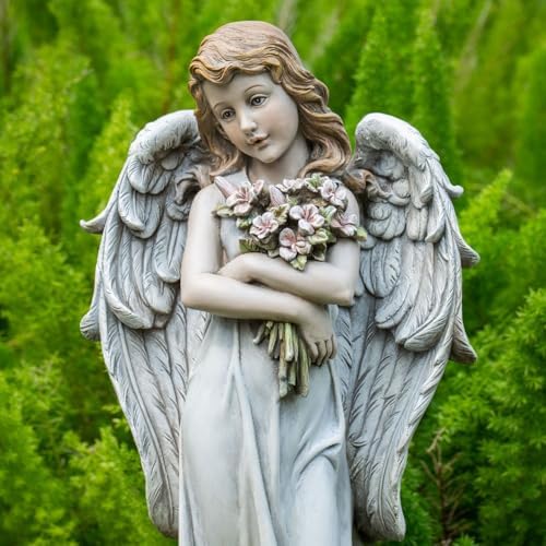 Grace4Joy Garden Angel Statue Outdoor Decor - 19.3 Inches Guardian Angel Resin Figurine with Flowers, Hand Painted Religious,Fairy Sculpture for Home Yard Patio Lawn Hallway - Image 4