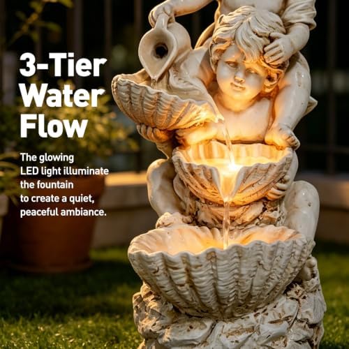 15.7" High 3-Tiers Cascading Rock Outdoor Water Fountain with LED Lights, Large Freestanding Fountains and Waterfalls for Garden, Patio, Yard, and Deck Decor with Featuring Natural Stone Look - Image 4