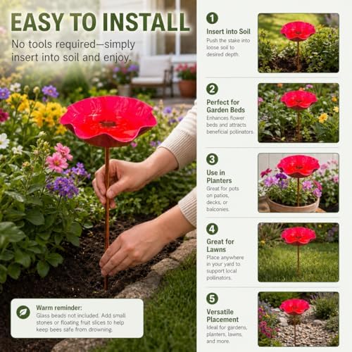 Handmade Metal Flower Garden Stake with Bee Bath & Bird Water Bowl, Weather-Resistant Butterfly Pollinator Watering Station, Decorative Outdoor Yard Art, Garden Decor Gift (Rose（4Pcs）) - Image 6