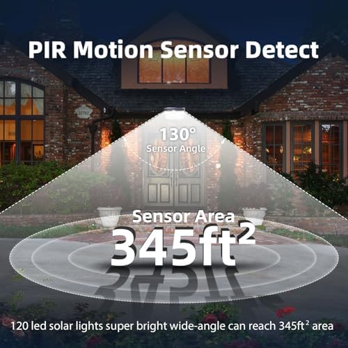 HMCITY 120 LED Outdoor Solar Lights with Motion Sensor and 3 Lighting Modes, IP65 Waterproof Wide Solar Wall Lights Ideal for Garden Patio Yard (Front Button 12Packs, Black Shell-Daylight White) - Image 6