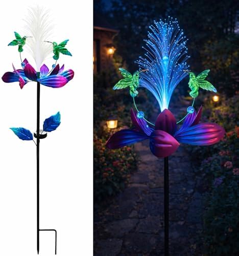 Solar Hummingbird Wind Spinner Outdoor 49 Inch Lotus Flower Metal Garden Windmill for Yard and Color Changing Fiber Optic Solar Yard Art Kinetic Wind Spinner Gift for Women Mother's Day Garden Gift by WNXURTGardenDecor