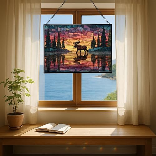 Moose Wading Through Shimmering Lake Rectangular Stained Glass Suncatcher – Hanging Window Panel with Animal & Nature Scene – Vibrant Glass Art Gift for Wildlife, Fantasy, Nature Lovers VbAJYD - Image 6