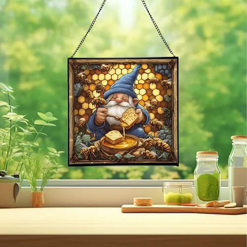 Honey Gnome Feast Stained Glass Suncatcher – Square Hanging Window Panel for Home or Greenhouse – Whimsical Glass Art Gift for Garden Lovers, Christmas, Halloween, Father Days BRew6v - Image 2