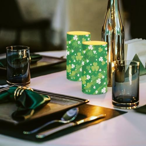 Painting Shamrocks Flameless Candles with Remote Battery Operated Candles with Timer St Patrick's Day Flickering LED Battery Operated Elictric Pillar Tealights for Patio Porch - Image 3