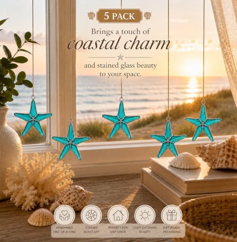 Stained Glass Teal 3 Inch Starfish Suncatcher Set of 5, Coastal Home Decor - Image 7