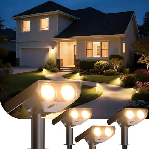 Solar Spot Lights Outdoor Adjustable Beam & PC Light Guide Column, 4 Pack Solar Lights Outdoor Waterproof IP65, 2 Modes & Auto On/Off Landscape Spotlights for Garden, Yard, Pathway, Tree (Warm Yellow) by Unknown