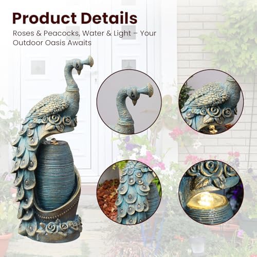 Tankana Peacock Outdoor Water Fountain 32" H Cascading Waterfall Fountain with LED Lights & Pump Tiered Water Feature for Garden, Patio, Backyard, Deck, and Porch Decor, Bronze - Image 4