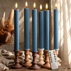 6 Pack, 10" LED Flameless Real Wax Blue Fluted Ribbed Grooved Taper Candles, Remote & 24h Timer Memory, On/Off Button, Dimmable, Flicker Mode, Battery Operated, Wedding by WestIvory