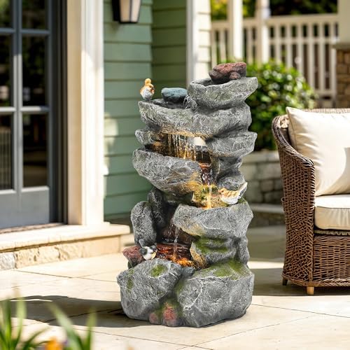 AUTODAYA 31.5" H Multi-Tier Rock Outdoor Fountain with LED Lights&Birds - Image 6
