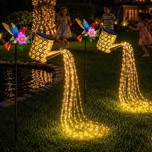 Solar Hummingbird Garden Lights with Watering Can Lantern, Pathway Lights for Garden Lawn Patio Pond Driveway Porch, Outdoor Decorative Lighting for Christmas Halloween Thanksgiving Spring Summer - Image 6