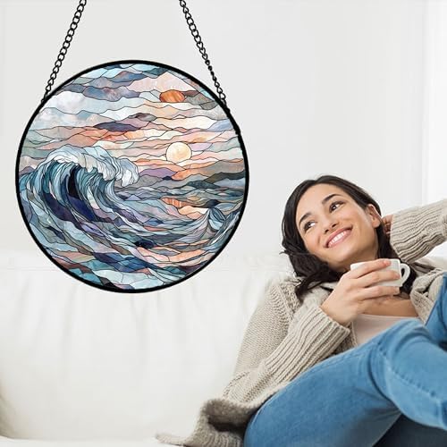 Stained Glass Window Hanging Suncatcher Sunrise Waves Gifts Decor 15" - Image 2