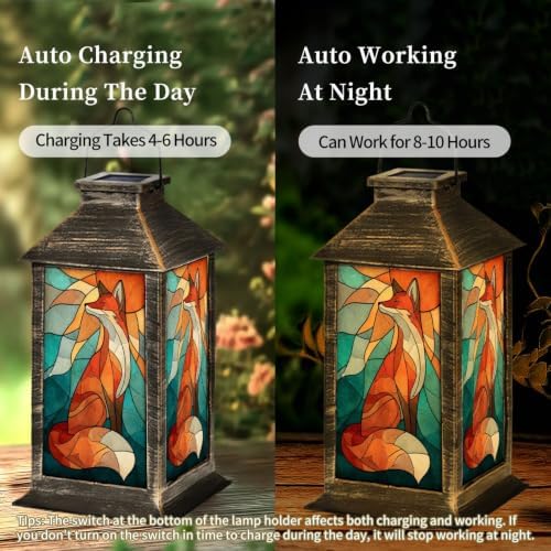 Solar Lantern Mid Century Stained Glass Fox Outdoor Waterproof Garden Hanging Lantern Solar Powered Lighting Outside Solar Light for Patio Yard Camping, Gifts for Women Mom - Image 4