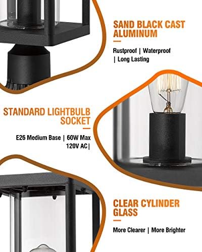 Beionxii Outdoor Post Lantern, 20inch Large Modern Lamp Post Light Fixture Exterior Pillar Lights with Pier Mount Base, Black Cast Aluminum w/Clear Cylinder Glass - A291P-2PK (NOT Solar, 110-120V AC) - Image 3