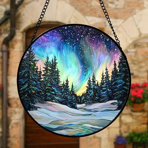 Aurora Landscape Stained Glass Window Hanging Suncatcher Xmas Gifts 9.8" - Image 3