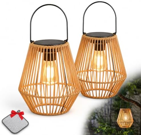 Handwoven Rattan Solar Lantern, Outdoor Hanging Solar Light with Warm LED Glow, Weather Resistant Wicker Style Lamp for Patio, Garden, Yard, Porch, Balcony, Deck and Gazebo Decor (2Pcs) by Unknown