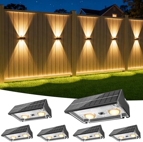 NIORSUN Solar Fence Lights Outdoor, 6 Pack Up and Down Waterproof Solar Wall Lights, Warm & Cool White + RGB, Fence Lights with Lens, Dusk to Dawn Lighting for Patio, Backyard, Pool, Railing (Black) by NIORSUN