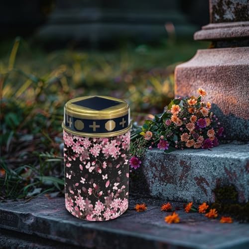 Poceacles Flameless Candle Solar Powered Grave Outdoor Solar Lights Cemetery Candle Lights Fake LED Pillar Candles Outdoor Waterproof Decorative, Peach Blossom Butterfly, Pack of 2 - Image 3