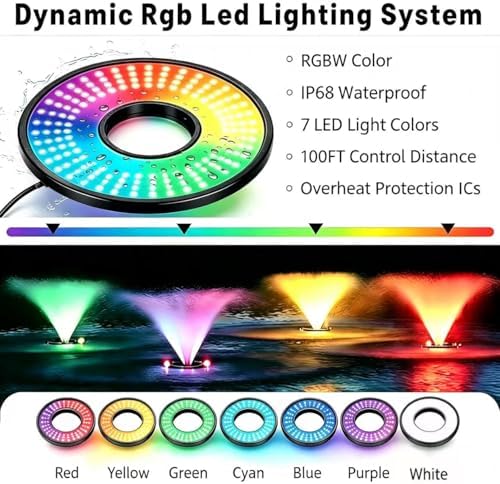Pond Fountain Aerator Lights, RGBW 20000LM LED Fountain Light with 100FT Power Cord, IP68 Waterproof Stainless Steel Wireless Sync Control Floating Fountains Pump Light for Lake Ponds - Image 6
