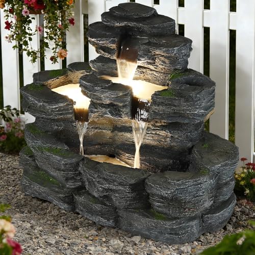 HOMEDIARY 4-Tier Outdoor Water Fountain, 29.7" L Rustic Rock Waterfall Fountain with LED Lights, Stone Texture Floor-Standing Resin Water Feature with Realistic Moss Accents for Patio, Porch & Indoor by HOMEDIARY