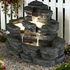 HOMEDIARY 4-Tier Outdoor Water Fountain, 29.7" L Rustic Rock Waterfall Fountain with LED Lights, Stone Texture Floor-Standing Resin Water Feature with Realistic Moss Accents for Patio, Porch & Indoor by HOMEDIARY