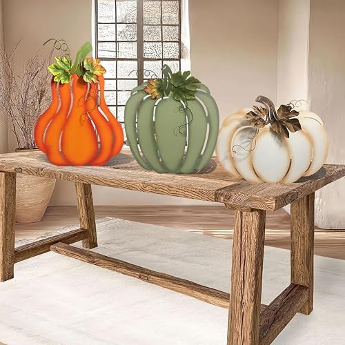 Fall Harvest Metal Pumpkin Garden Stakes, Set of 3, Orange White Green, Autumn Yard Decor - Image 5