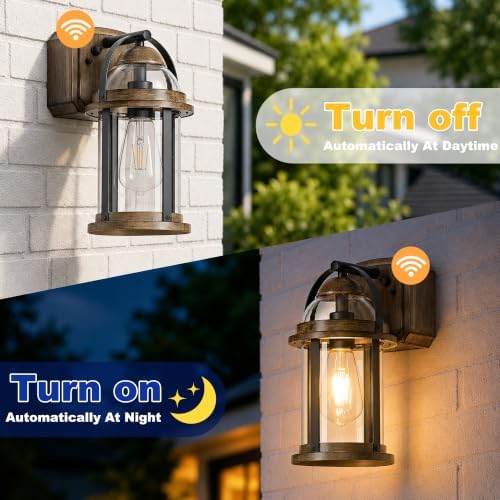 OKELI Dusk to Dawn Outdoor Wall Lights with GFCI Outlet, Waterproof Rustic Farmhouse Wall Lanterns with Clear Glass Shades, Anti-Rust Outside Fixture Lights for Garage Patio Porch, Wood Grain, 2 Pack - Image 3
