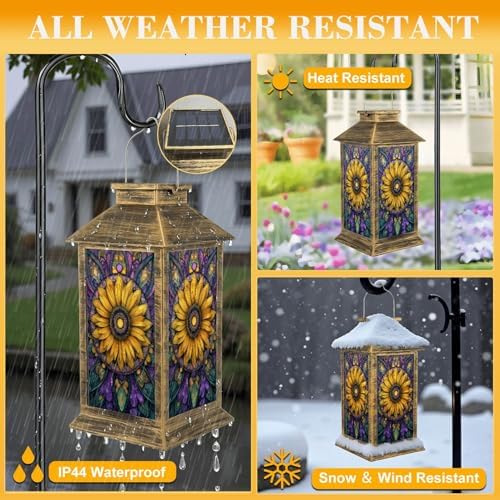 Stained Glass Style Solar Lantern Outdoor Garden Hanging Lantern Sunflower Stained Glass Window Spring Colored Mosaic Waterproof Solar Powered Lighting Outside Table Lamp for Patio Deck Yard - Image 3