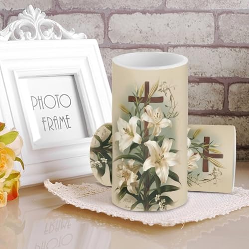 Easter Day Flameless Candles Battery Operated Candles with Timer Remote, 2 Pack Cross Lily Flower Print LED Pillar Lights for Home Party Decor Battery Tea Lights - Image 3