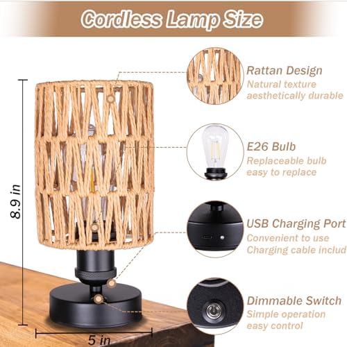 Cordless Rechargeable Outdoor Table Lamps, Battery Operated Table Lamp, Stepless Dimmable for Patio, Living Room, and Bedroom (Bulb Included) - Set of 2 (Beige) - Image 3
