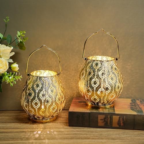 TRIROCKS Set of 2 Moroccan Decorative Lamps 8'' High Cordless Lamp Metal Table Lamps with Fairy Lights Bulb for Home Living Room Garden Yard Party Events Tabletop Indoor Outdoor(Gold) by TRIROCKS