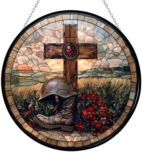 9.84 Inch Boho Memorial Day Vintage Field Cross Stained Glass Suncatcher Window Hangings Stained Glass Panel Sun Catchers Gifts Home Decor Garden Christmas Halloween Wedding by Unknown