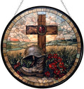 9.84 Inch Boho Memorial Day Vintage Field Cross Stained Glass Suncatcher Window Hangings Stained Glass Panel Sun Catchers Gifts Home Decor Garden Christmas Halloween Wedding by Unknown