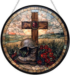 9.84 Inch Boho Memorial Day Vintage Field Cross Stained Glass Suncatcher Window Hangings Stained Glass Panel Sun Catchers Gifts Home Decor Garden Christmas Halloween Wedding by Unknown