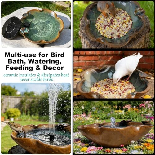 Ceramic Birdbath Solar Fountain, 12.5-Inch Heavy Duty Ceramic Bird Bath Bowl for Outdoor Water Fountain, Wildlife Drinking Station & Ground Feeder, Garden Patio Décor - Image 5