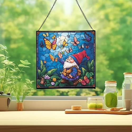 Gnome with Butterfly Friends Stained Glass Suncatcher – Square Hanging Window Panel for Home or Greenhouse – Whimsical Glass Art Gift for Garden Lovers, Christmas, Halloween, Father Days uDX7Wi - Image 2