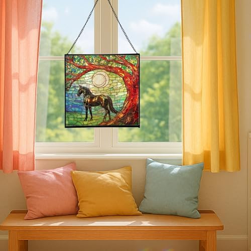 Black Horse Standing Beneath Ancient Tree Square Suncatcher – Stained Glass Style Window Panel with Pastoral Scene, Custom Decorative Hanging Art for Equestrian Home, Christmas 9bLq9E - Image 5