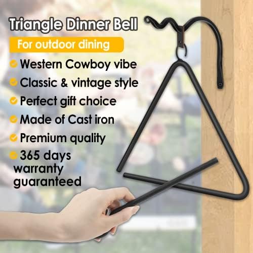 12-inch Triangle Dinner Bell with Hanger & Call Striker Ringer Outdoor Bell Wall Mounted Bell Metal Bell Wrought Iron Country Bell for Home Barn School Church Playground, Corrosion Resistance - Image 2