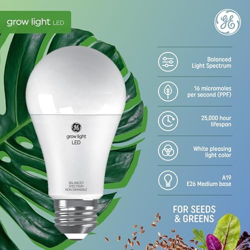 GE Grow Lights for Indoor Plants, A19 LED Light Bulbs for Seeds and Greens with Balanced Light Spectrum, White Indoor Plant Light, 25,000 Hours Lifespan, 16 PPF, 4 Pack (Packaging May Vary) - Image 2