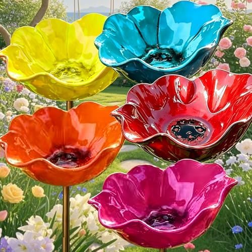 2026 Upgraded 8.6 * 24in Large Handmade Metal Flower Garden Stake Bird Bath,Detachable Outdoor Mini Bird Bath & Pollinator Water Station,Weatherproof Decorative Yard Art Ornament Gift (5pcs c) by Hoytem