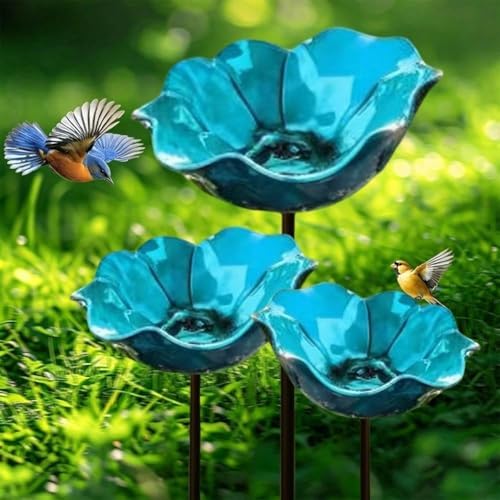 Metal Flower Garden Stakes with Bee Bath & Bird Water Bowl,Pollinator Watering Station,Hummingbird Bath Cup for Outdoor Yard Decor(Blue,3PC) by Unknown