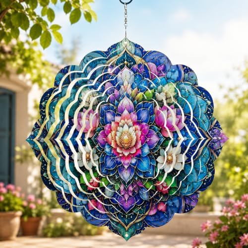 Shwing 12 Inch Wind Spinner Hanging Wind Sculptures Lotus Flower Metal Decor Double Sided Outdoor Kinetic Garden Art 3D Wind Spinner Hanging Ornament for Patio Porch Balcony Backyard Tree Decor by Unknown