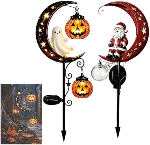 Solar Halloween Black Cat & Pumpkin Moon Garden Stake Light,2-in-1 Waterproof Outdoor LED Yard Decor with Hanging Lantern,Auto Dusk-to-Dawn Lawn Ornament for Pathway,Patio, Walkway (Black-P-2PCS) by HZSprance