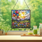 Gnome Balloon Festival Stained Glass Suncatcher – Square Hanging Window Panel for Home or Greenhouse – Whimsical Glass Art Gift for Garden Lovers, Christmas, Halloween, Father Days ifExoe - Image 2