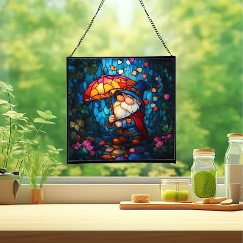 Gnome and Umbrella Petal Shower Stained Glass Suncatcher – Square Hanging Window Panel for Home or Greenhouse – Whimsical Glass Art Gift for Garden Lovers, Christmas, Halloween, Father Days ehmBik - Image 2
