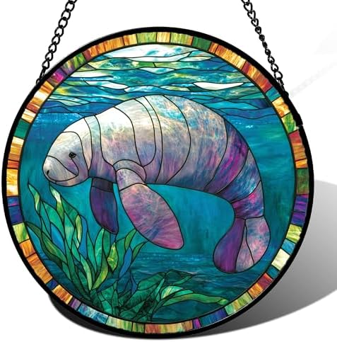 Ocean Manatee Seagrass Stained Glass Window Hanging Suncatcher Gifts 12" by Follow