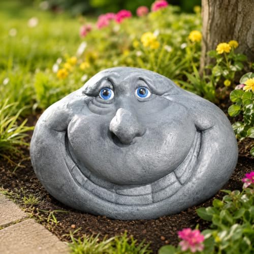 Funny Rock Garden Statue, Gray Stone-Look with Blue Eyes and Wide Grin by Unknown
