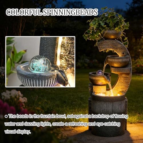 26.8" Tall Water Fountain Outdoor Garden, 4 Tiers Modern Cascading Bowls Water Fountain Outdoor Indoor Garden with LED Lights & Atomizer for Patio, Deck, Porch, Backyard Art Decor,A - Image 5