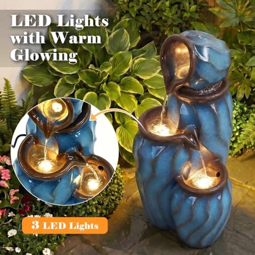 Faux Ceramic Outdoor Water Fountain with LED Lights, 3-Tier Cascading Water Feature, 30" Turquoise Wave-Texture Garden Fountain with Waterfalls for Garden, Patio, Deck, Porch - Image 2