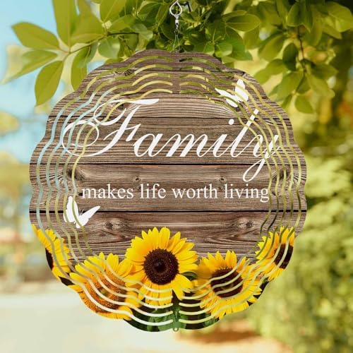 Yellow Sunflowers Wind Spinners Outdoor Family Brown Wood Striped Countryside 3D Stainless Steel Wind Spinner for Yard Kinetic Sculpture Hanging Spinning Ornament for Garden Patio Porch 12 Inch - Image 5