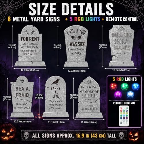 Aurelema 6 Pcs 17" Metal Halloween Tombstones Decoration with Light Outdoor - Image 2